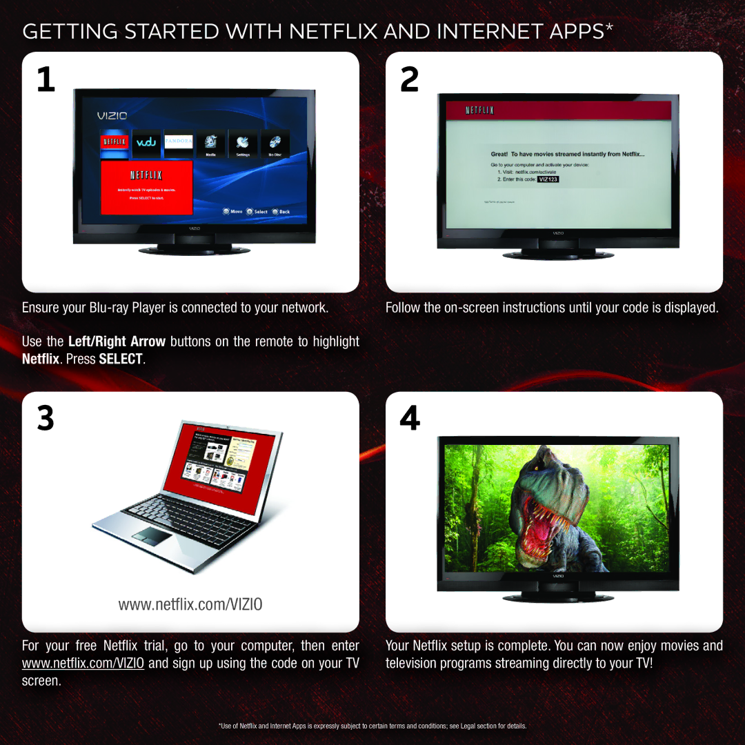 Vizio VBR133 user manual Getting Started with Netflix and Internet Apps 