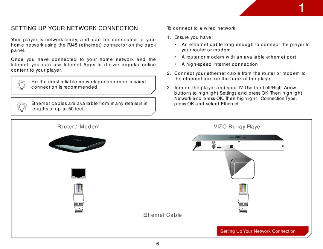 Vizio VBR135 warranty Setting up your network connection, Setting Up Your Network Connection 