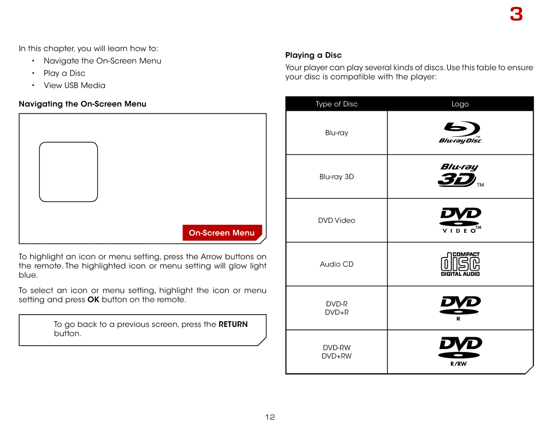 Vizio VBR135 warranty Basic Operation, On-Screen Menu 