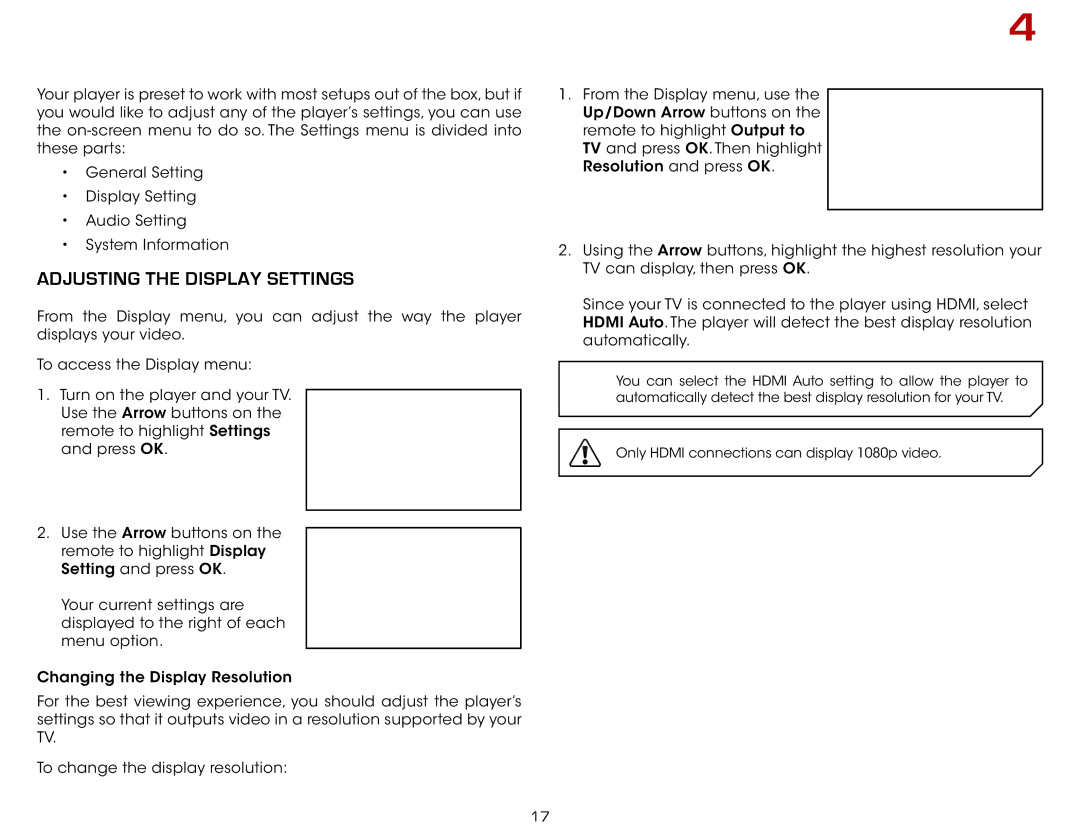 Vizio VBR135 warranty Adjusting the Player’s Settings, Adjusting the Display Settings 