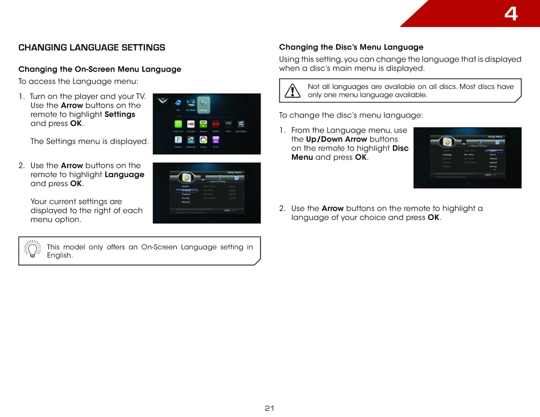 Vizio VBR135 warranty Changing Language settings 