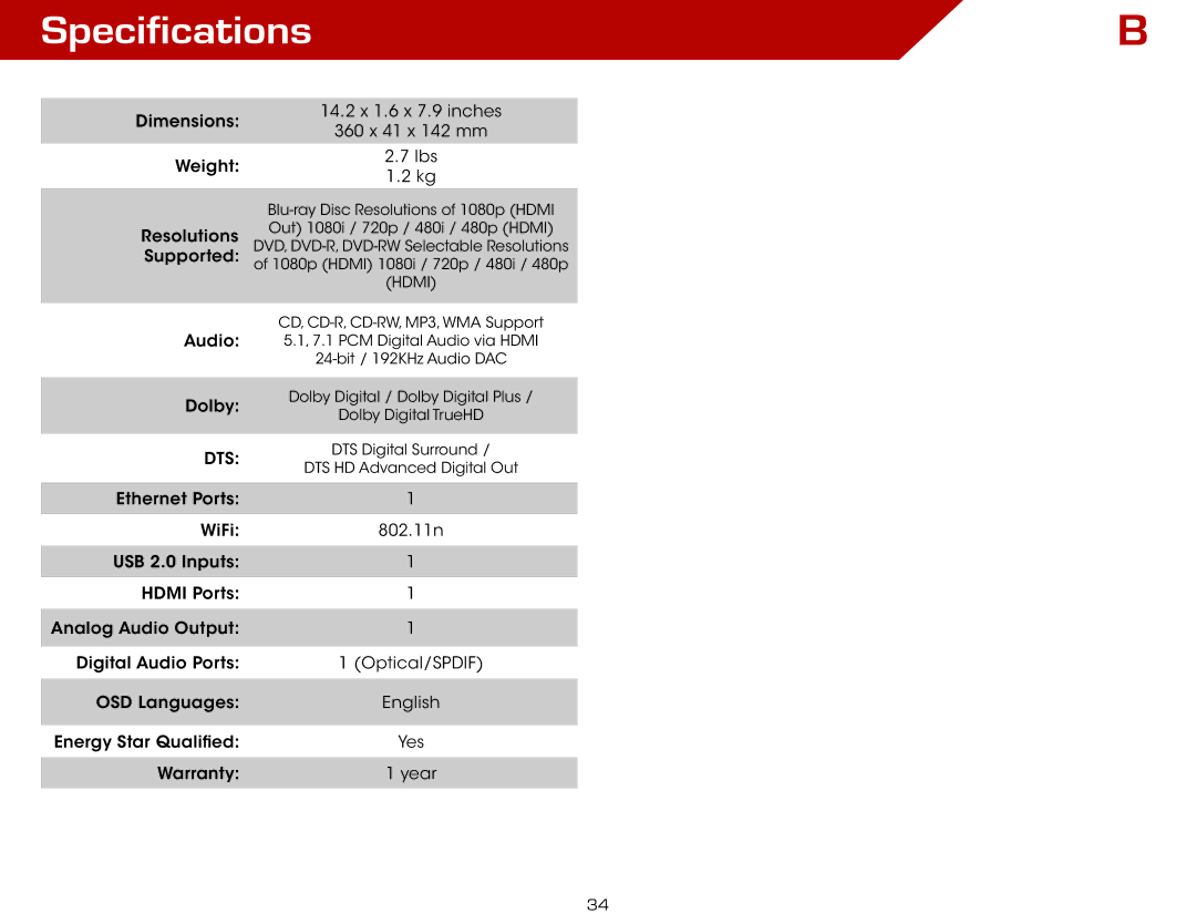 Vizio VBR135 warranty Specifications, Dts 