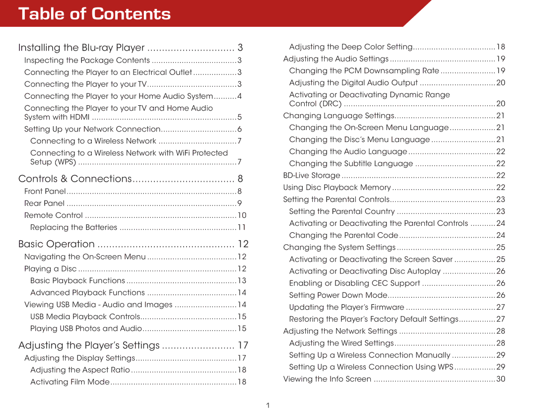 Vizio VBR135 warranty Table of Contents 