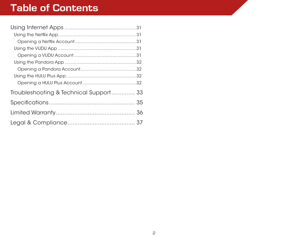 Vizio VBR135 warranty Table of Contents 