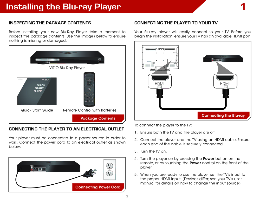 Vizio VBR135 Installing the Blu-ray Player, Inspecting the Package Contents, Connecting the player to an electrical outlet 