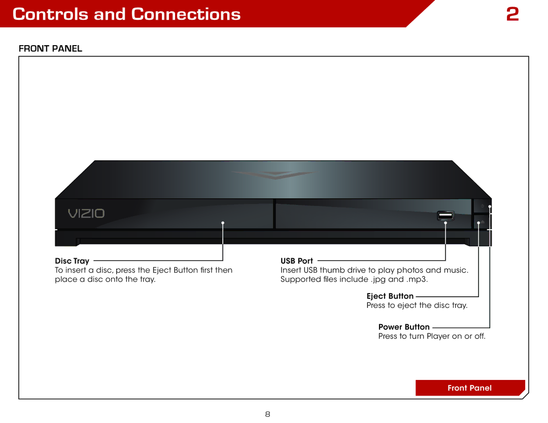 Vizio VBR140 warranty Controls and Connections, Front Panel 