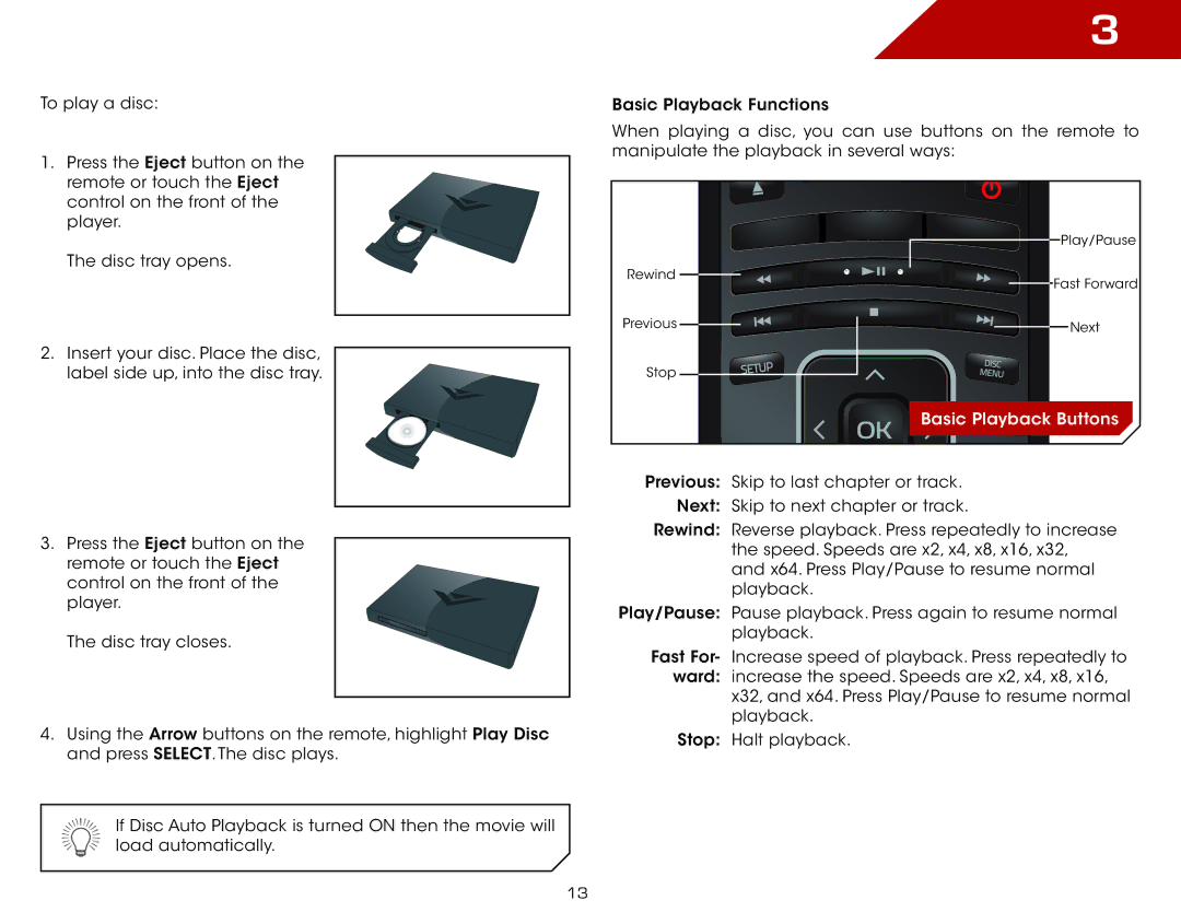 Vizio VBR140 warranty Basic Playback Buttons 