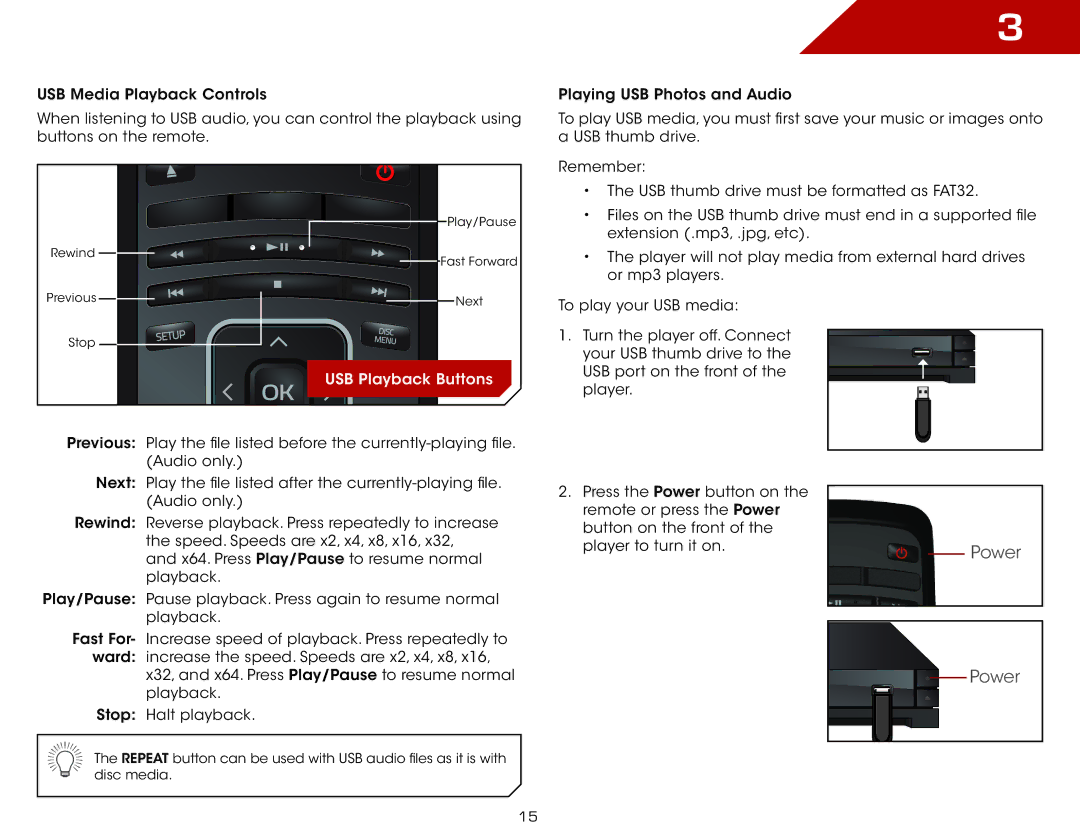 Vizio VBR140 warranty USB Playback Buttons 