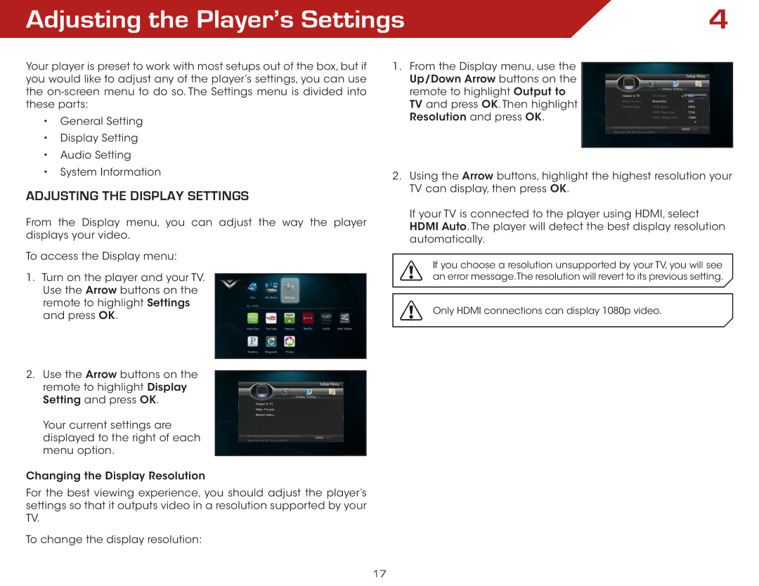 Vizio VBR140 warranty Adjusting the Player’s Settings, Adjusting the Display Settings 