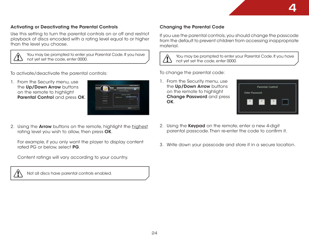 Vizio VBR140 warranty Not all discs have parental controls enabled 