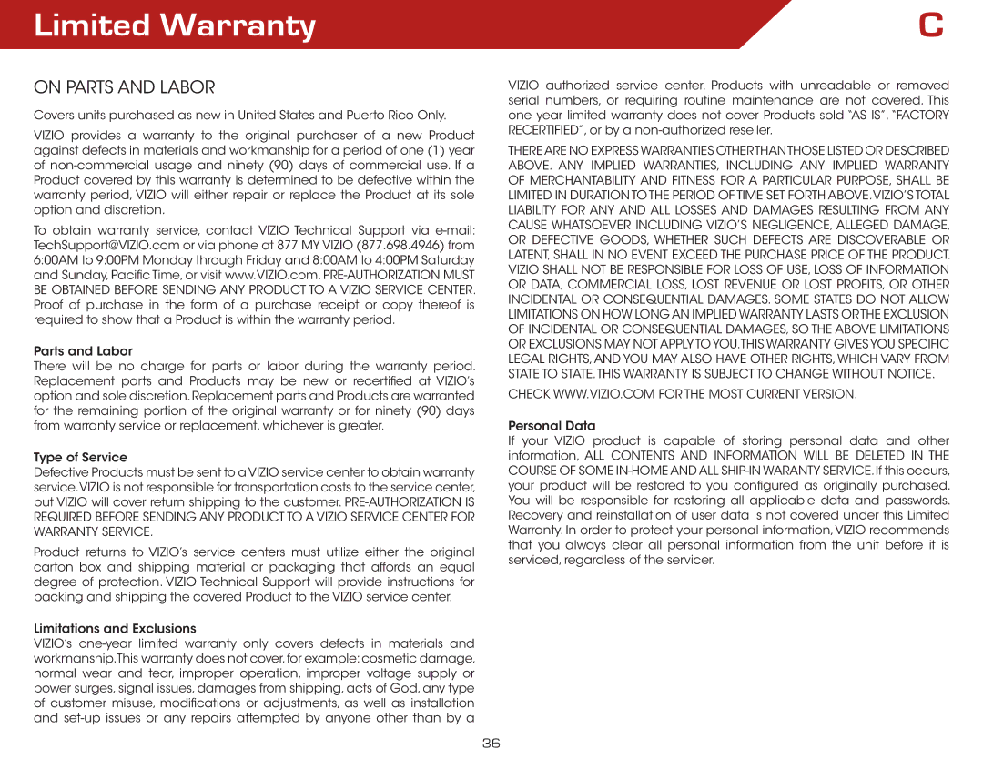 Vizio VBR140 warranty Limited Warranty, On Parts and Labor 