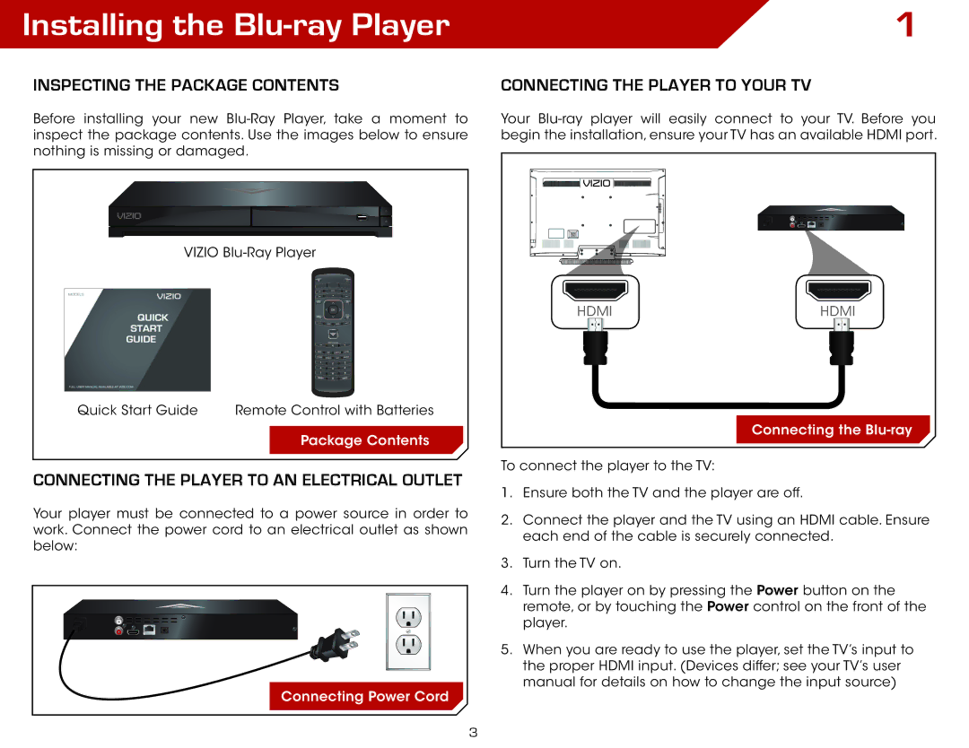 Vizio VBR140 Installing the Blu-ray Player, Inspecting the Package Contents, Connecting the player to an electrical outlet 