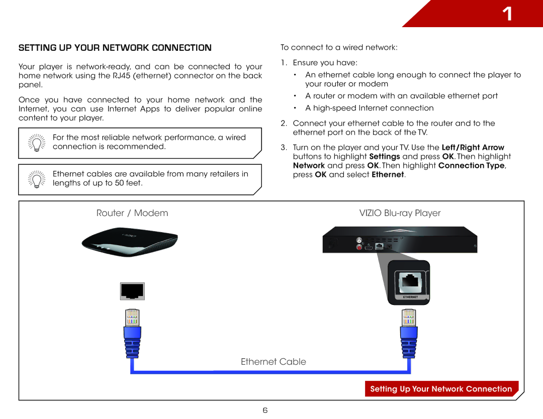 Vizio VBR140 warranty Setting up your network connection, Setting Up Your Network Connection 