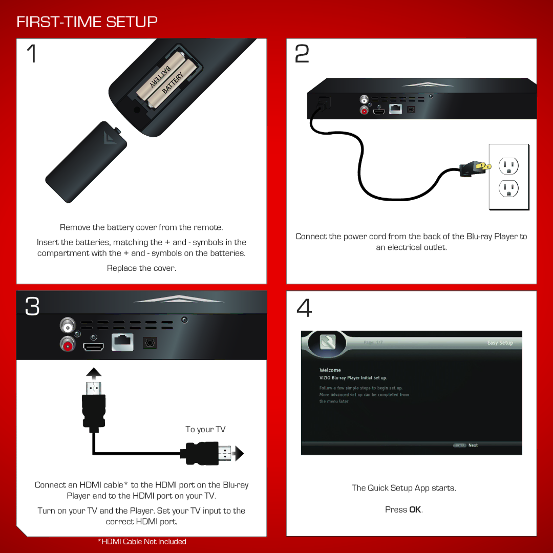 Vizio VBR140 quick start FIRST-TIME Setup, Remove the battery cover from the remote 