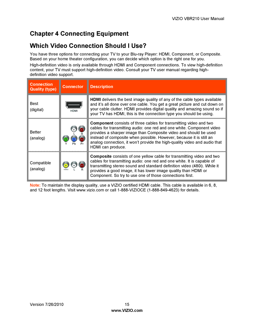 Vizio VBR210 Connecting Equipment Which Video Connection Should I Use?, Connection Connector Description Quality type 