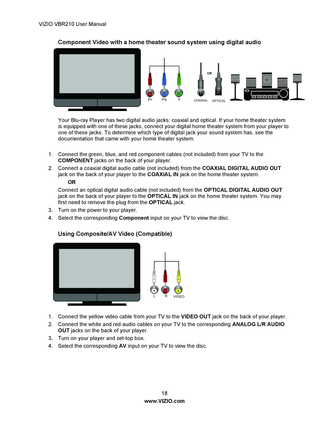 Vizio VBR210 user manual Using Composite/AV Video Compatible 