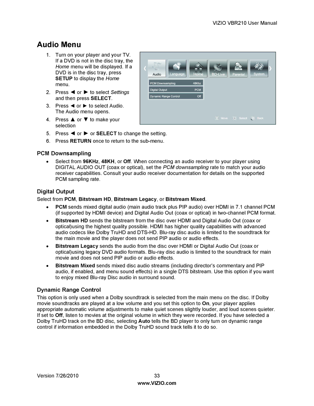 Vizio VBR210 user manual Audio Menu, PCM Downsampling, Digital Output, Dynamic Range Control 