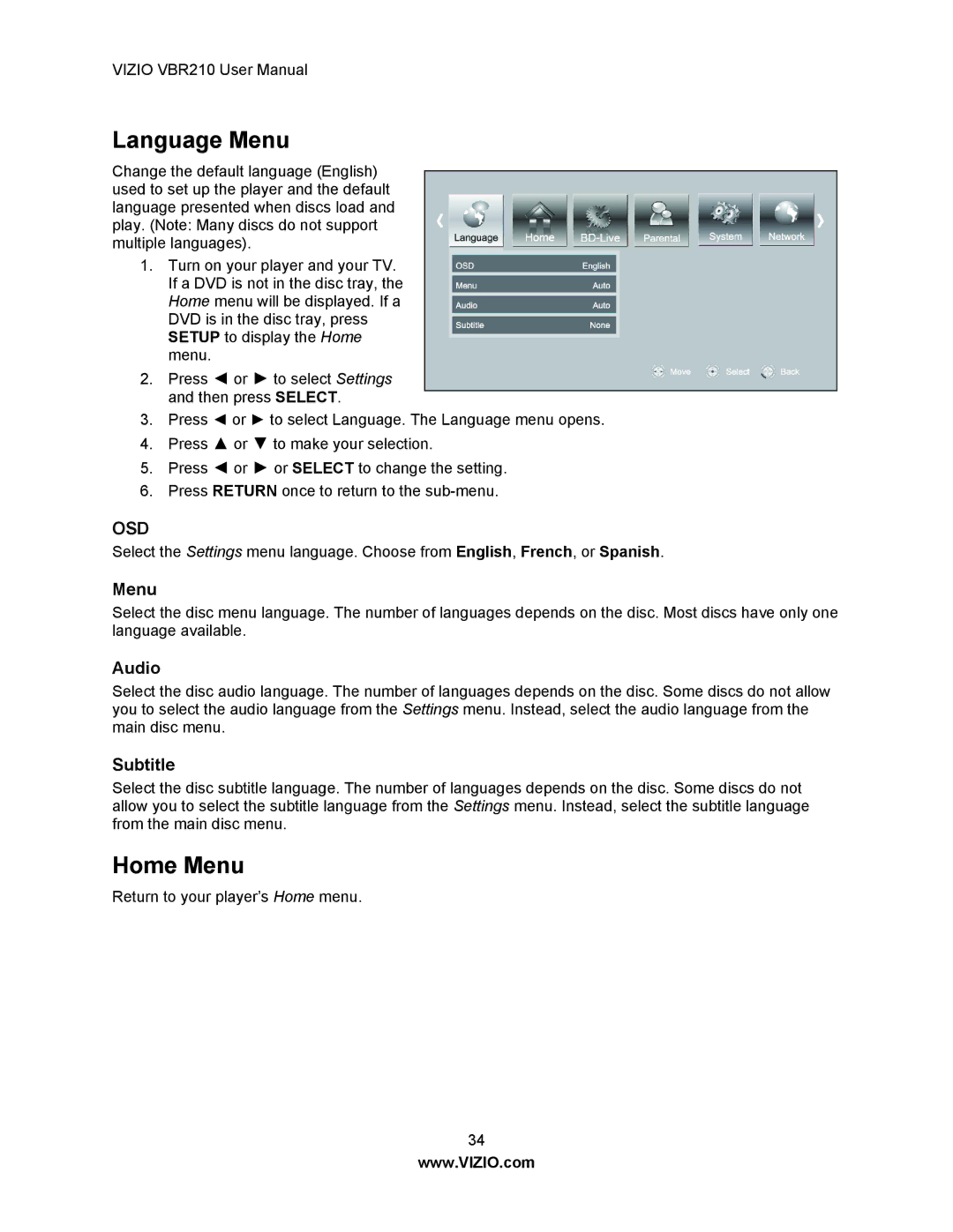 Vizio VBR210 user manual Language Menu, Home Menu, Audio, Subtitle 