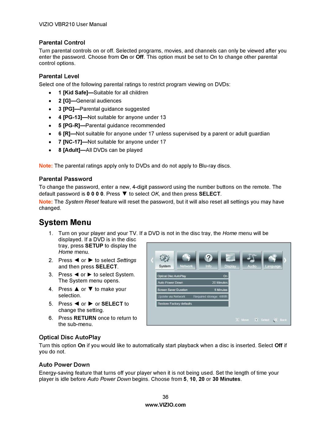 Vizio VBR210 user manual System Menu 