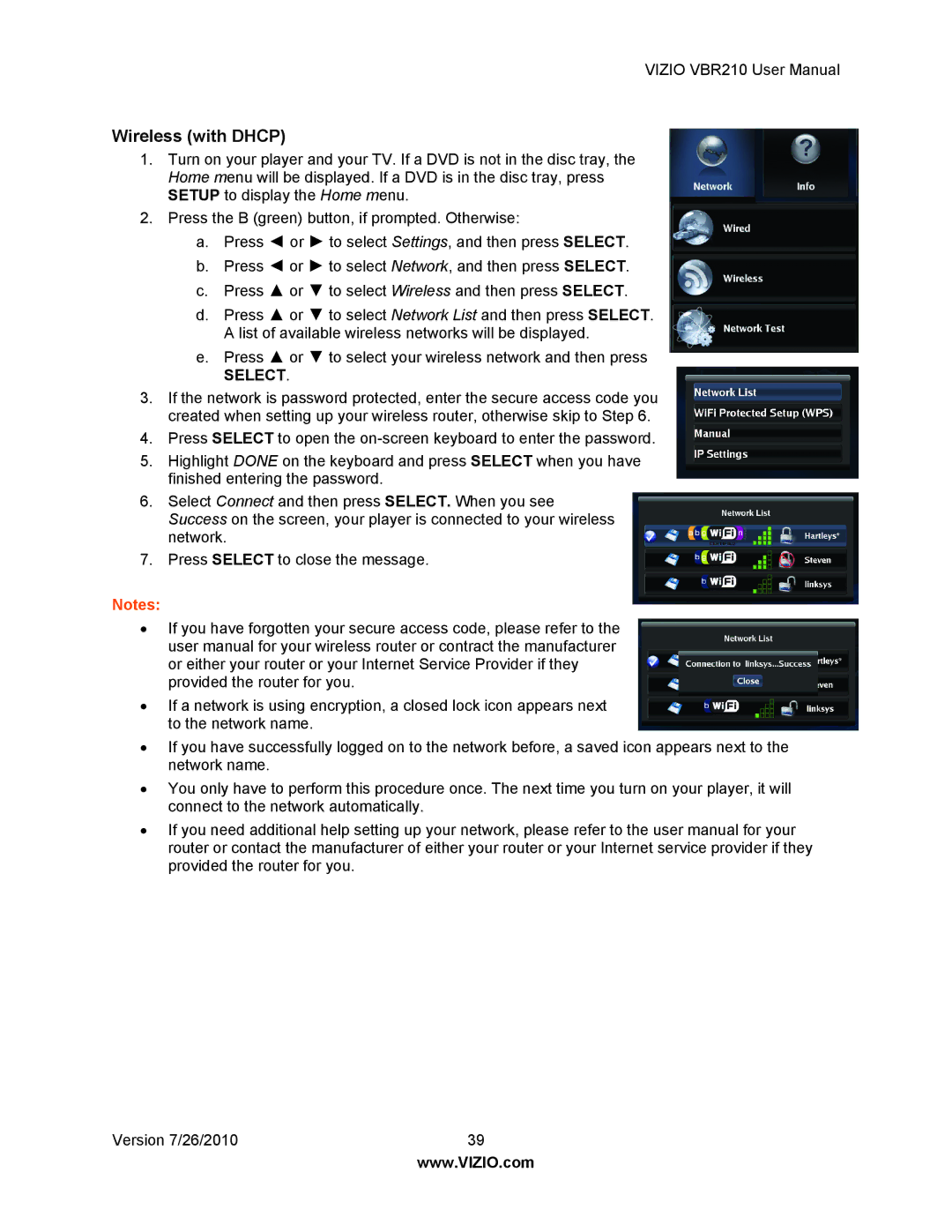 Vizio VBR210 user manual Wireless with Dhcp 