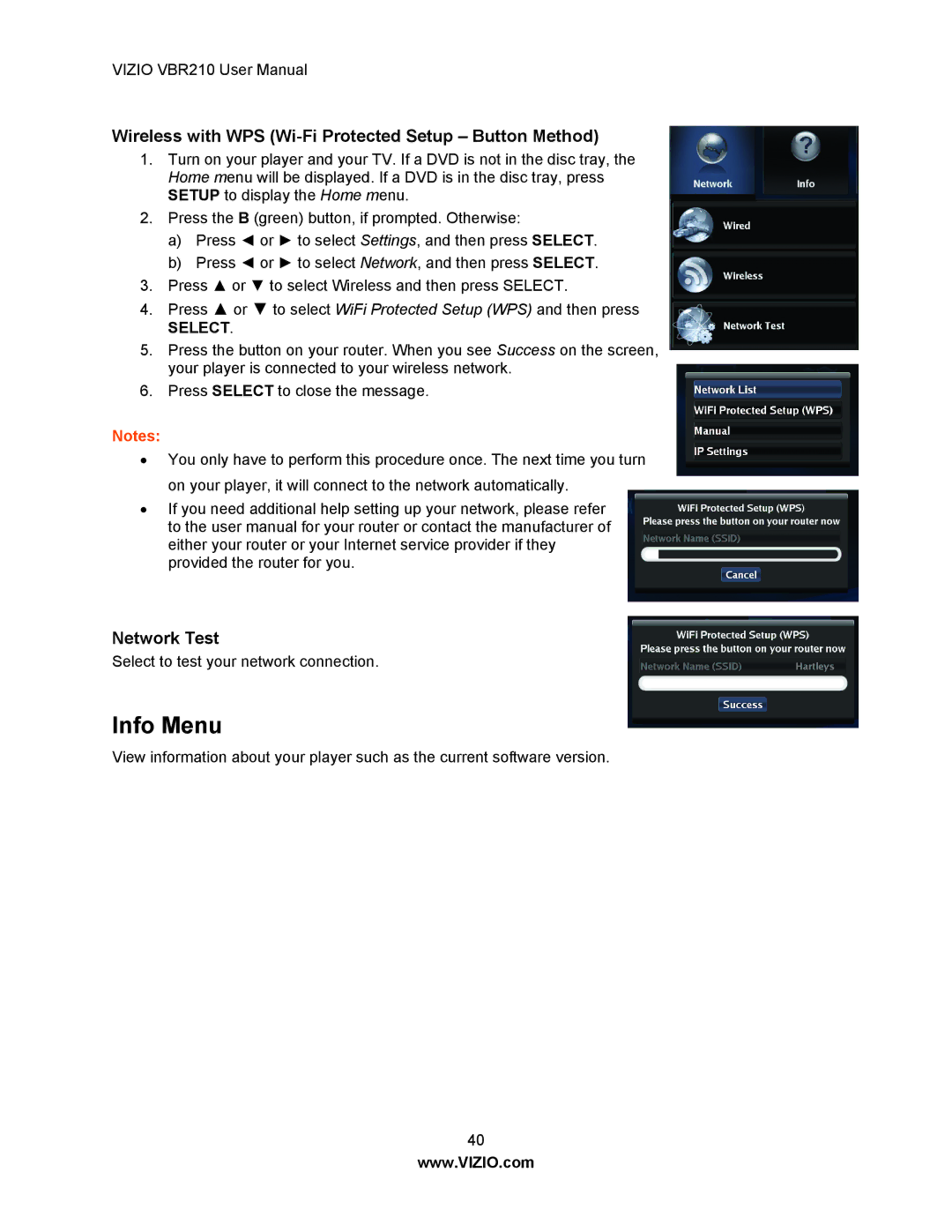 Vizio VBR210 user manual Info Menu, Wireless with WPS Wi-Fi Protected Setup Button Method, Network Test 