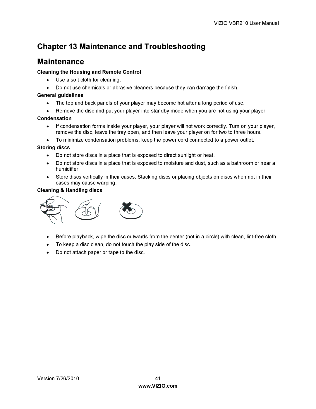 Vizio VBR210 user manual Maintenance and Troubleshooting, Cleaning the Housing and Remote Control 