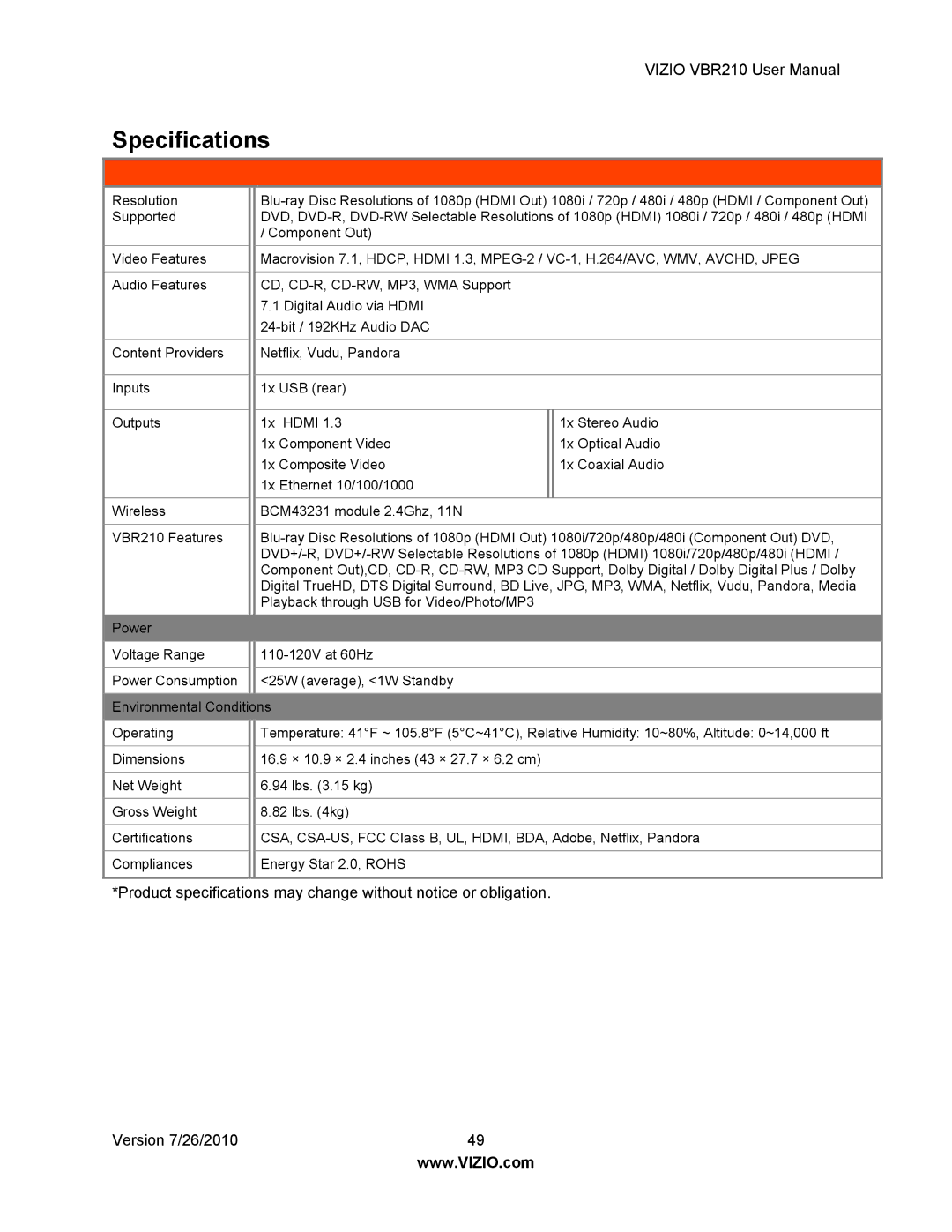 Vizio VBR210 user manual Specifications 