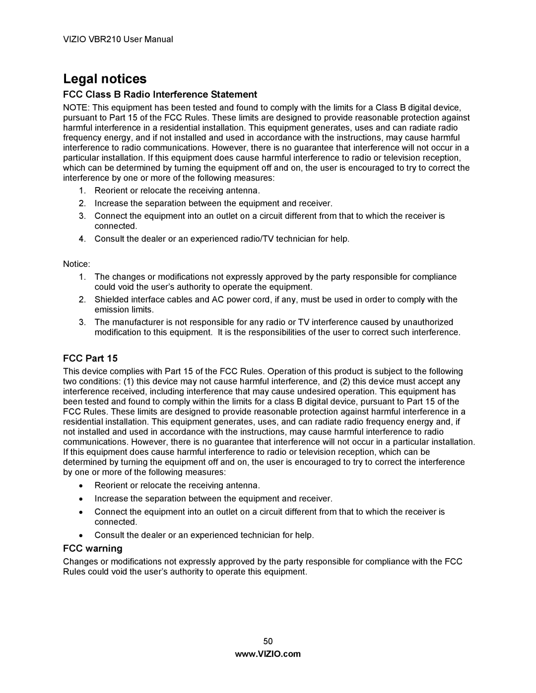 Vizio VBR210 user manual Legal notices, FCC Class B Radio Interference Statement, FCC Part, FCC warning 