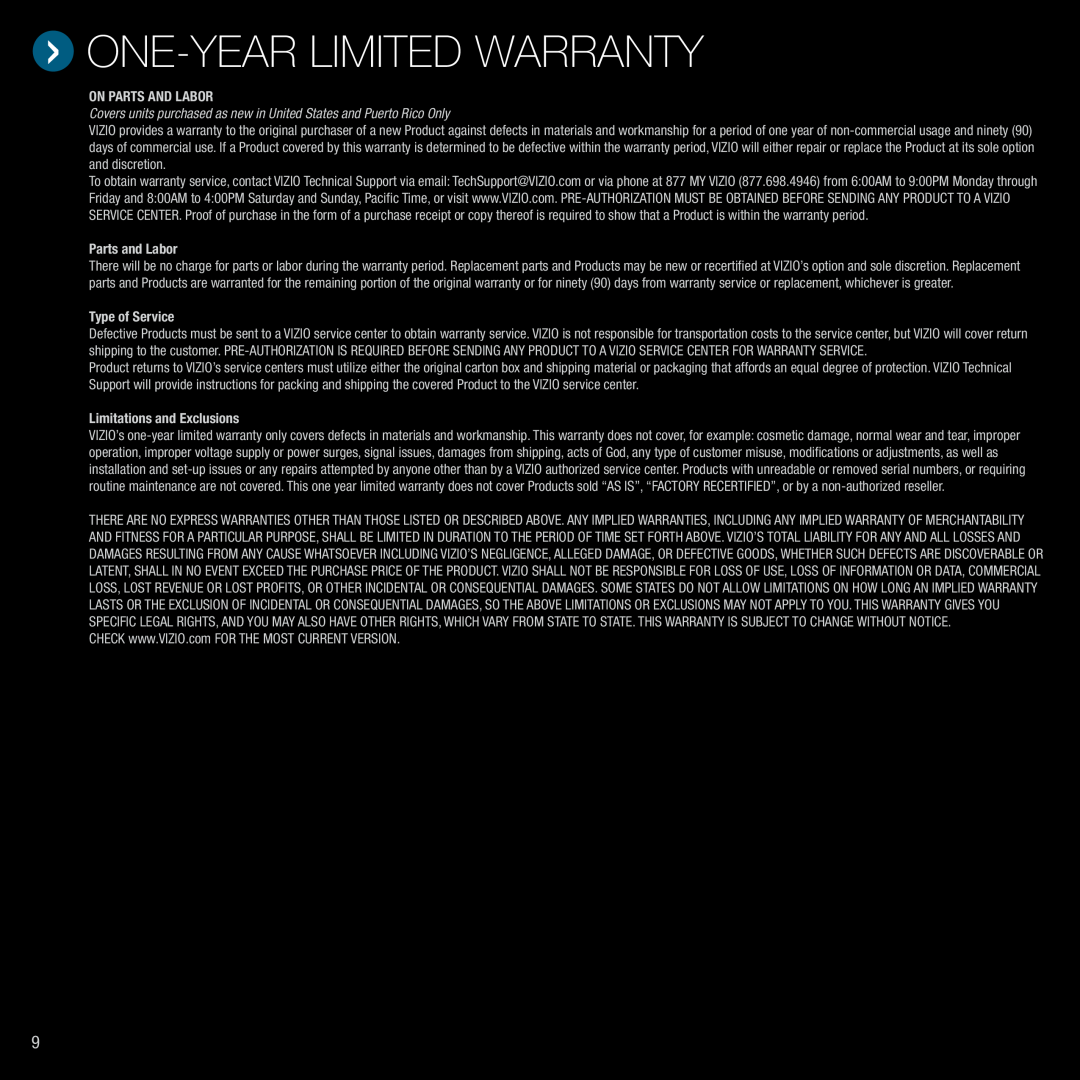 Vizio VBR210 One-Year Limited Warranty, On Parts And Labor, Parts and Labor, Type of Service, Limitations and Exclusions 