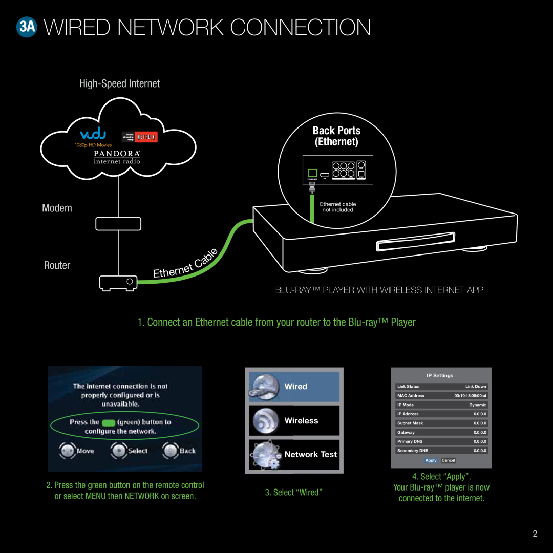 Vizio VBR210 3A Wired network connection, High-Speed Internet, Modem, Router, Back Ports Ethernet, Select “Wired” 