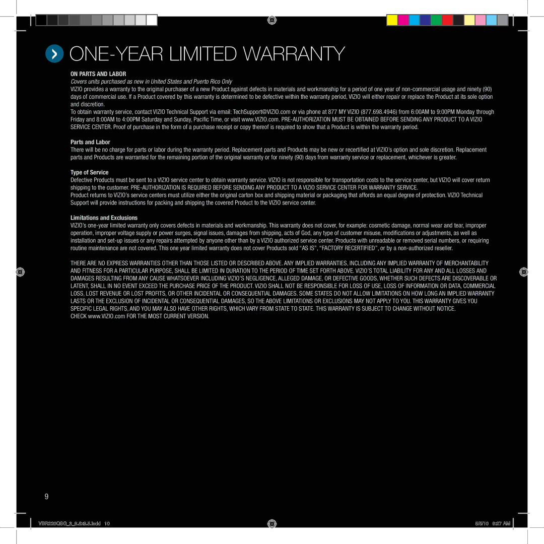 Vizio VBR220 quick start ONE-YEAR Limited Warranty, Type of Service 