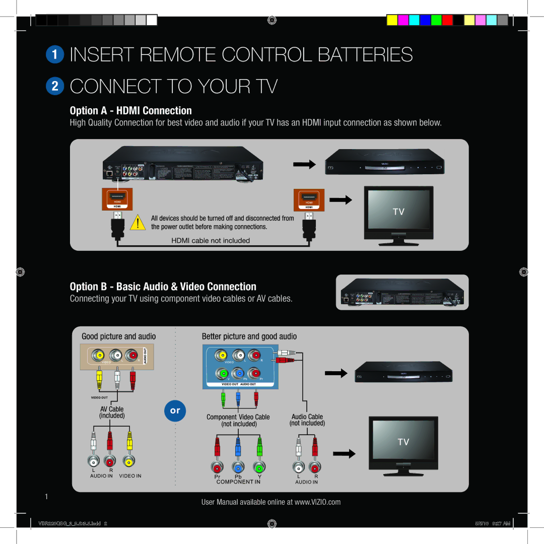 Vizio VBR220 quick start Insert Remote control Batteries Connect to your tv, Option a Hdmi Connection 