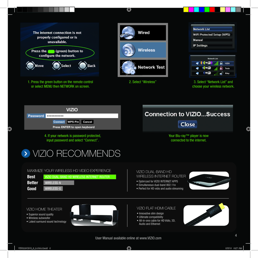 Vizio VBR220 quick start Vizio Recommends, Wired Wireless Network Test 