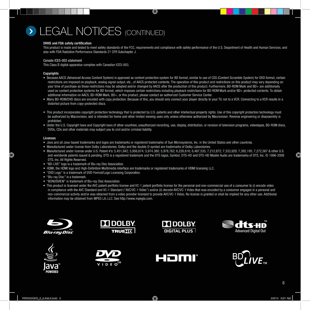 Vizio VBR220 quick start Legal notices 