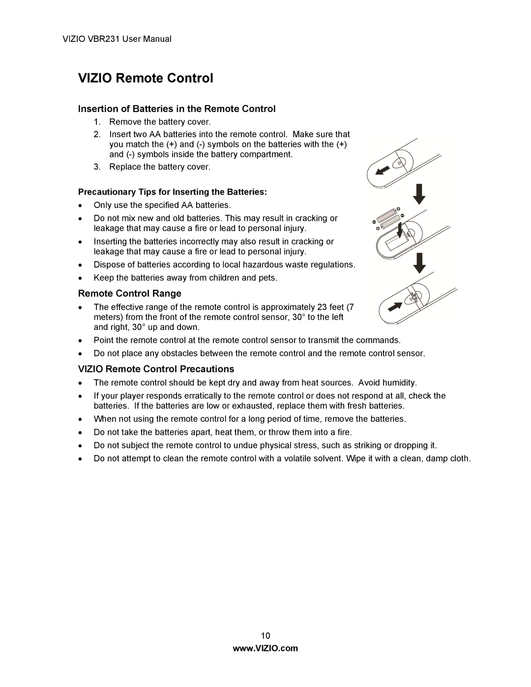 Vizio VBR231 user manual Vizio Remote Control, Insertion of Batteries in the Remote Control, Remote Control Range 