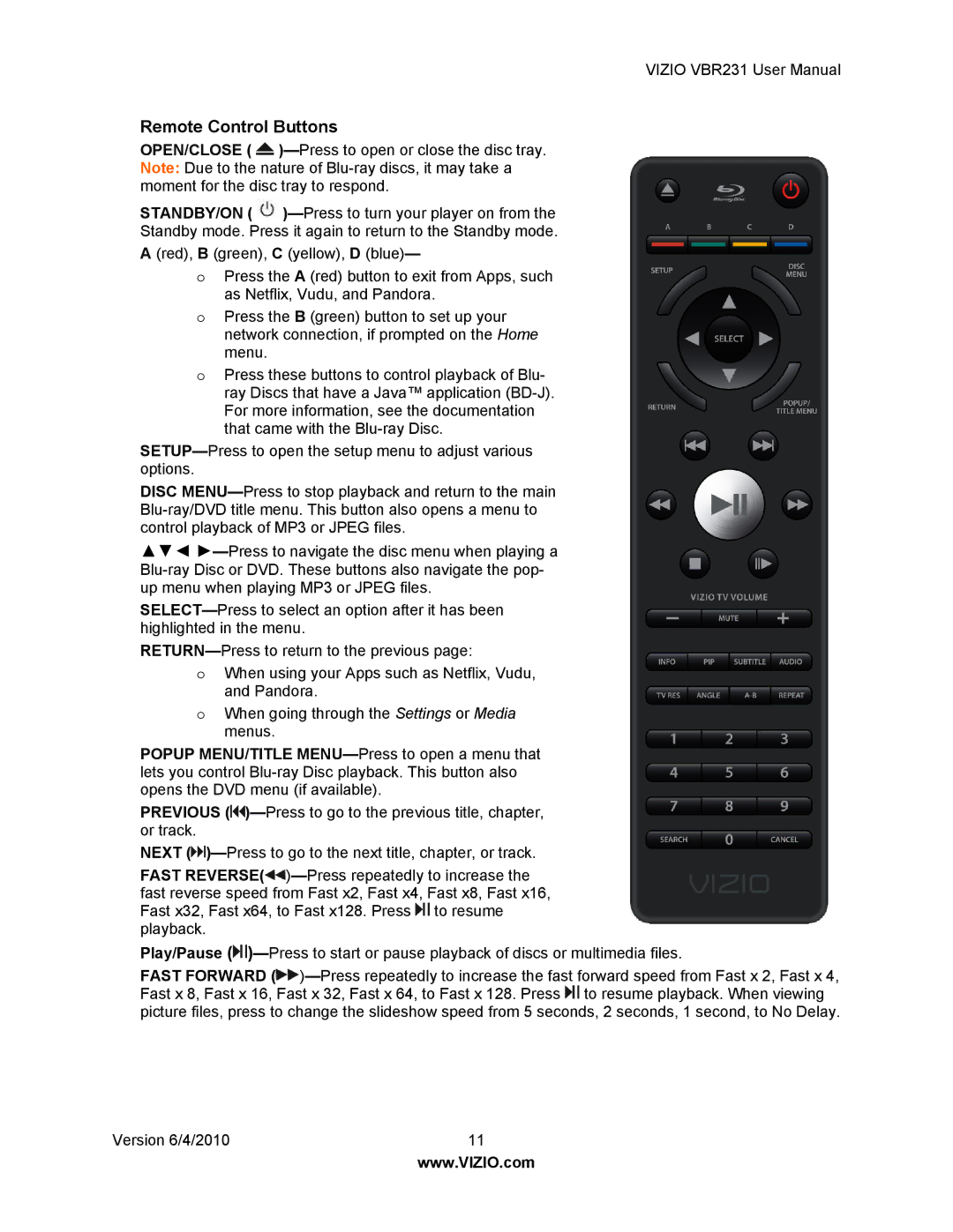 Vizio VBR231 user manual Remote Control Buttons 