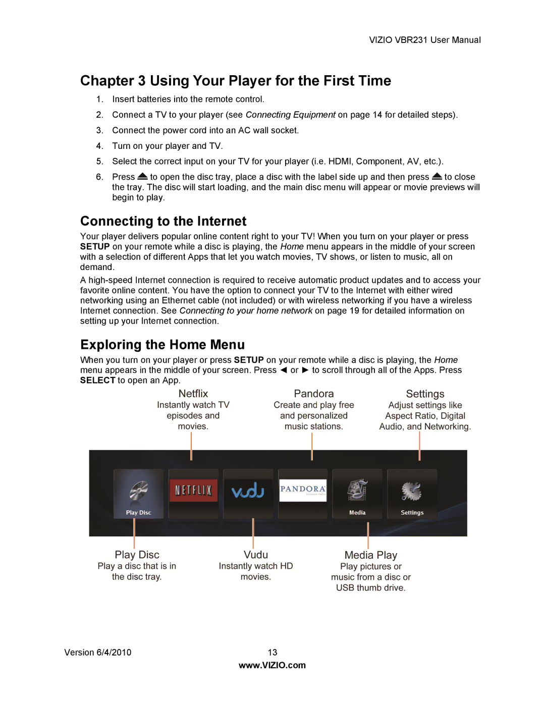 Vizio VBR231 user manual Using Your Player for the First Time, Connecting to the Internet, Exploring the Home Menu 