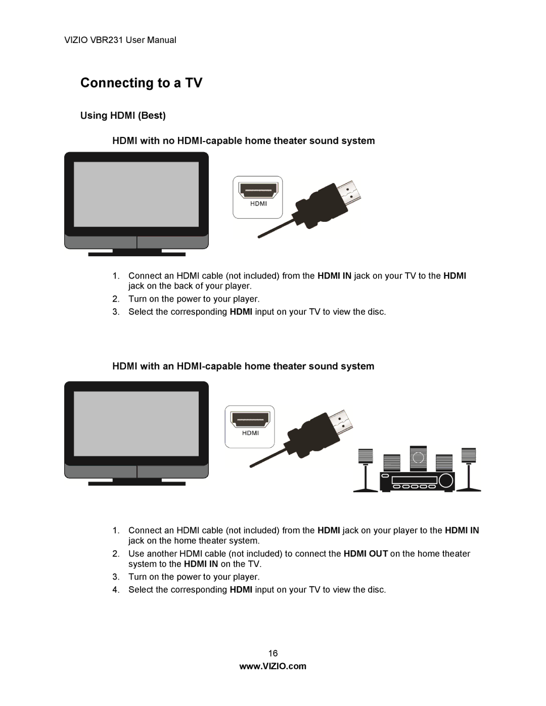 Vizio VBR231 user manual Connecting to a TV, Hdmi with an HDMI-capable home theater sound system 