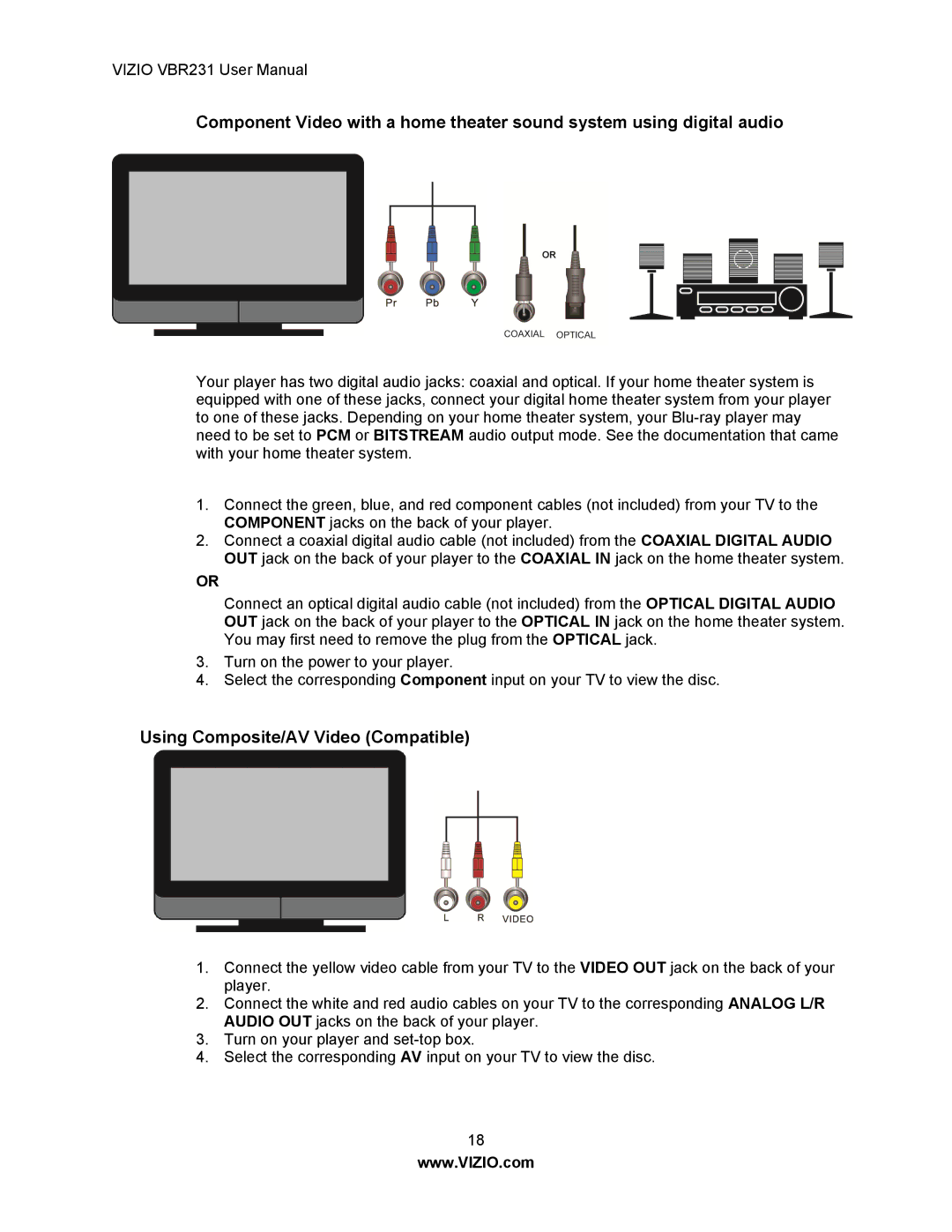 Vizio VBR231 user manual Using Composite/AV Video Compatible 