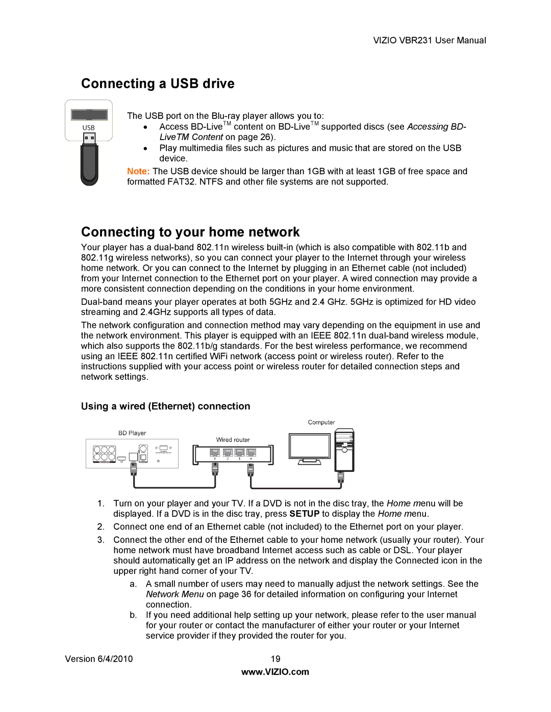 Vizio VBR231 user manual Connecting a USB drive, Connecting to your home network, Using a wired Ethernet connection 