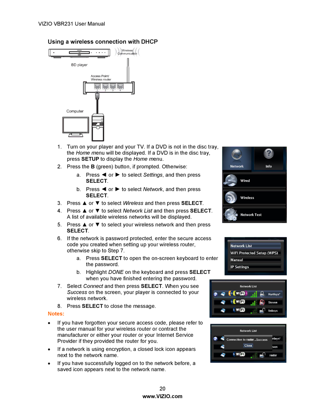 Vizio VBR231 user manual Using a wireless connection with Dhcp 