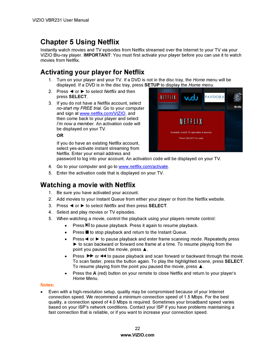 Vizio VBR231 user manual Using Netflix, Activating your player for Netflix, Watching a movie with Netflix 