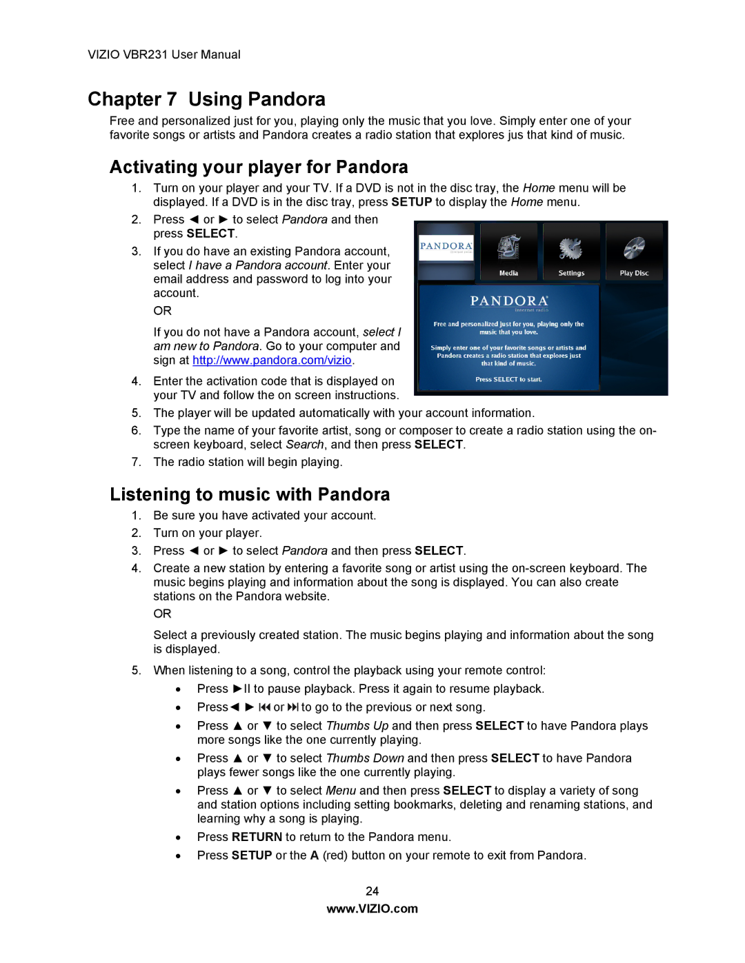 Vizio VBR231 user manual Using Pandora, Activating your player for Pandora, Listening to music with Pandora 