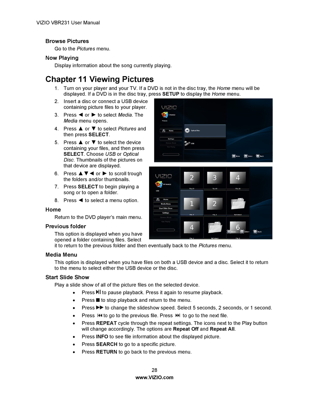 Vizio VBR231 user manual Viewing Pictures, Browse Pictures, Now Playing, Start Slide Show 