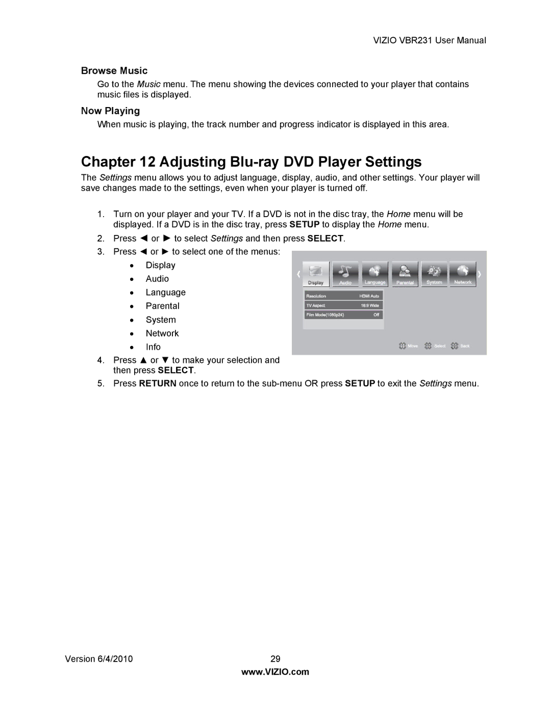 Vizio VBR231 user manual Adjusting Blu-ray DVD Player Settings, Browse Music 