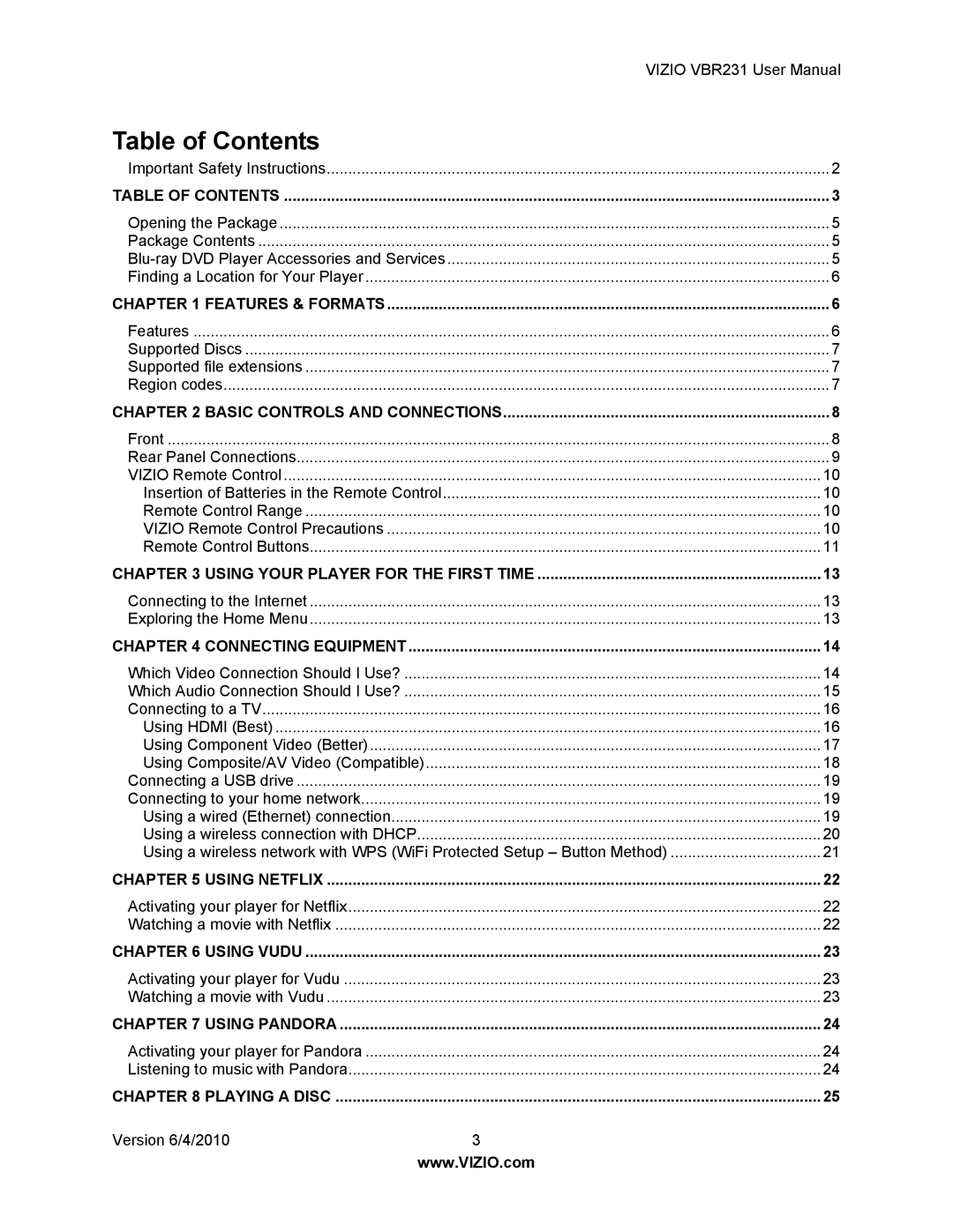 Vizio VBR231 user manual Table of Contents 