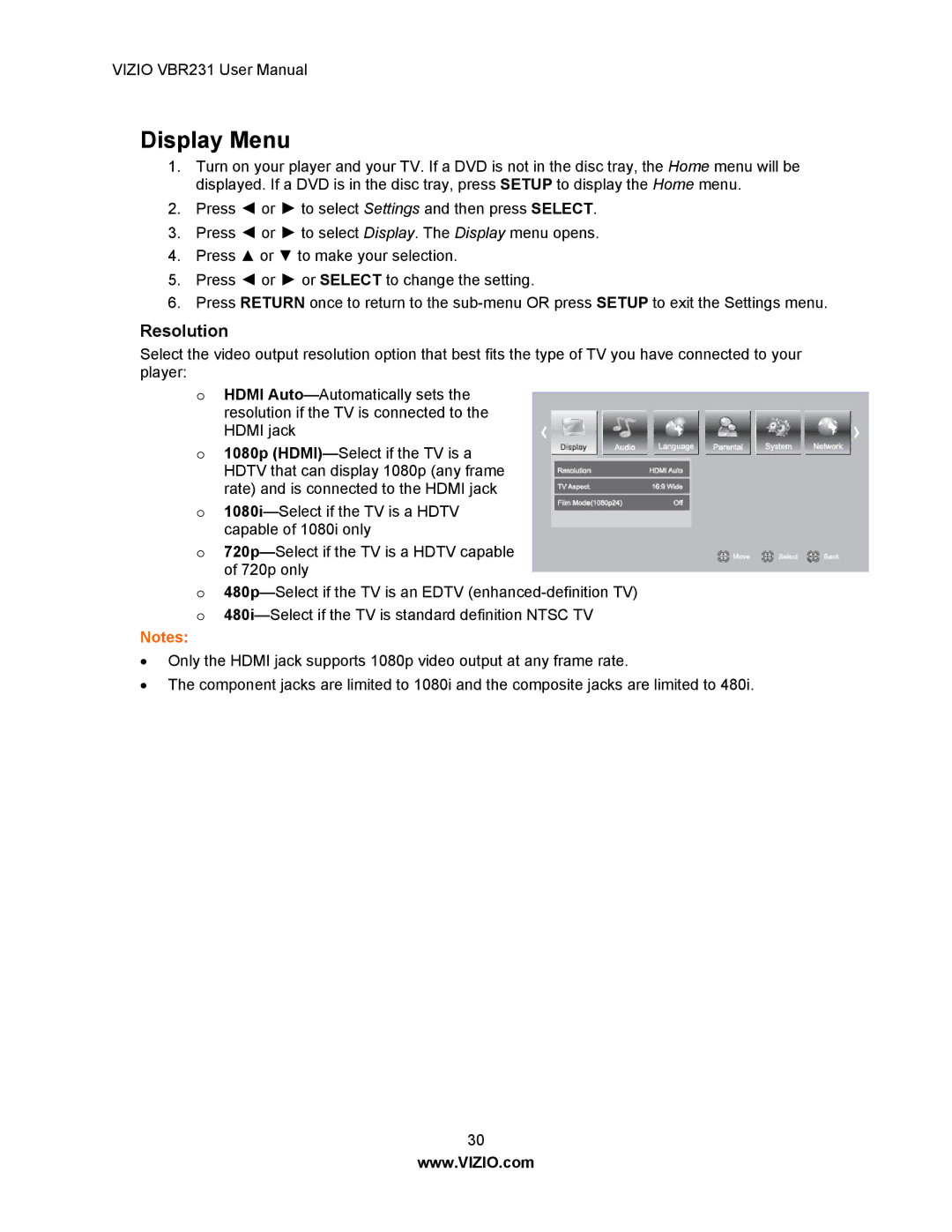 Vizio VBR231 user manual Display Menu, Resolution 