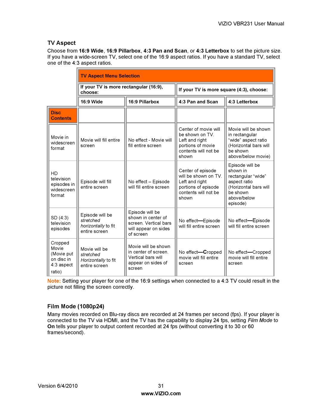 Vizio VBR231 user manual TV Aspect, Film Mode 1080p24 