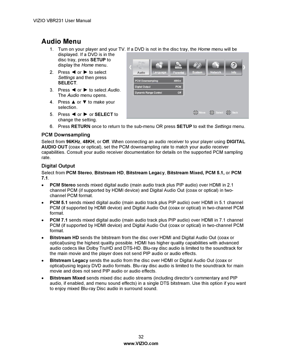 Vizio VBR231 user manual Audio Menu, PCM Downsampling, Digital Output 