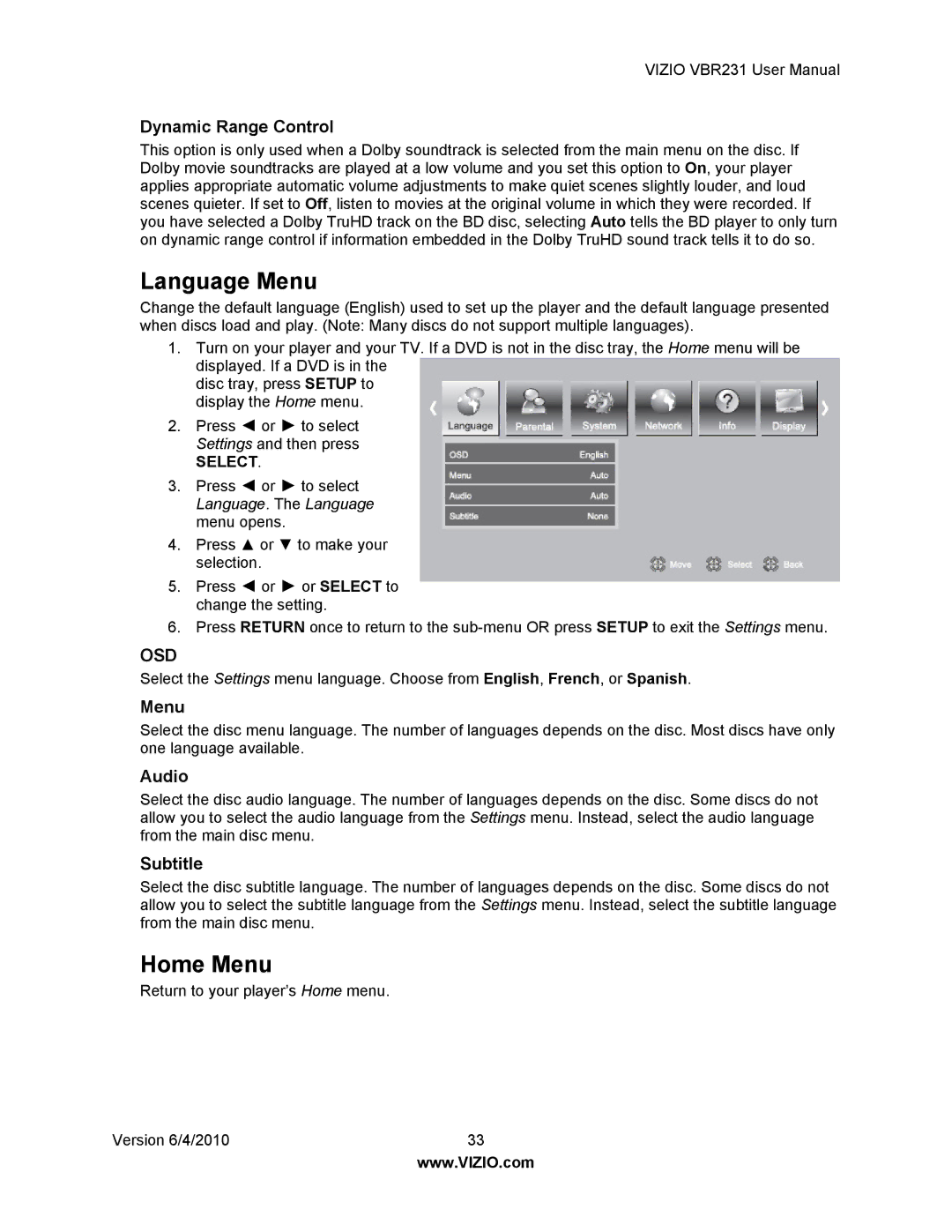 Vizio VBR231 user manual Language Menu, Home Menu 